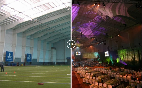 巨大な屋内スタジアムは天井も使って