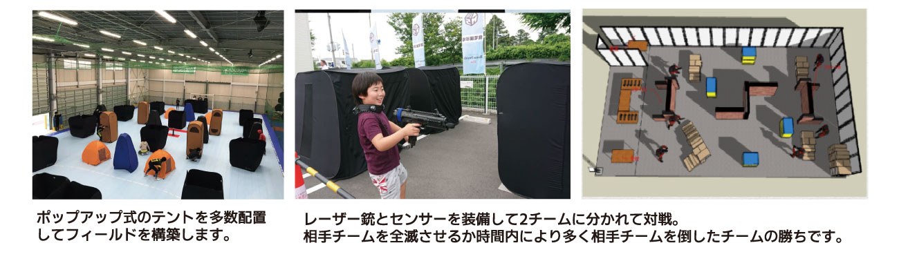 ポップアップ式のテントを多数配置してフィールドを構築します。レーザー銃とセンサーを装備して2チームに分かれて対戦。相手チームを全滅させるか時間内により多く相手チームを倒したチームの勝ちです。