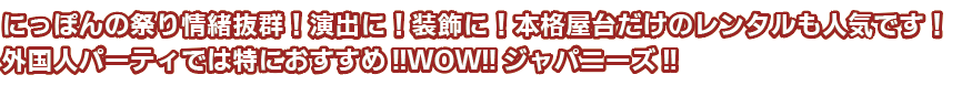にっぽんの祭り情緒抜群！演出に！装飾に！本格屋台だけのレンタルも人気です！外国人パーティでは特におすすめ!!WOW!!ジャパニーズ!!