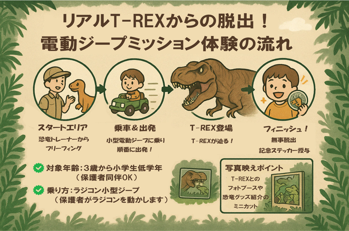 リアルT-REXからの脱出!
電動ジープミッション体験の流れ
・スタートエリア
恐竜トレーナーからフリーフィング
・乗車&出発
小型電動ジープに乗り順番に出発!
・T-REX登場
T-REXが迫る!
・フィニッシュ!
無事脱出
記念ステッカー授与
・対象年齢;3歳から小学生低学年(保護者同伴OK)
・乗り方:ラジコン小型ジープ(保護者がラジコンを動かします)
・写真映えポイント
T-REXとのフォトブースや恐竜グッズ紹介のミニカット