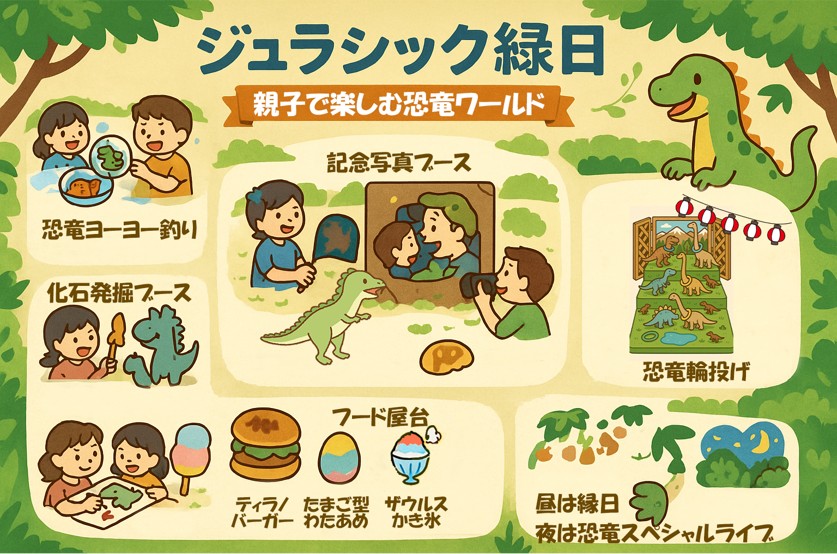 ジュラシック緑日
親子で楽しむ恐竜ワールド
・記念写真ブース
・恐竜ヨーヨー釣り
・化石発掘ブース
・恐竜輪投げ
・昼は縁日、夜は恐竜スペシャルライブ
・フード屋台
ティラノバーガー、たまご型わたあめ、ザウルスかき氷