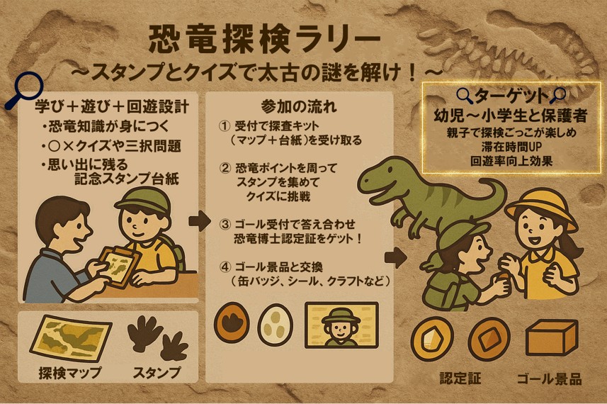 恐竜探検ラリー
スタンプとクイズで太古の謎を解け!
学び+遊び+回遊設計
·恐竜知識が身につく
·○×クイズや三択問題
·思い出に残る記念スタンプ台紙
参加の流れ
1 受付で探査キット(マップ+台紙)を受け取る
2 恐竜ポイントを周ってスタンプを集めてクイズに挑戦
3ゴール受付で答え合わせ恐竜博士認定証をゲット!
4 ゴール景品と交換(缶バッジ、シール、クラフトなど)
ターゲット
幼児~小学生と保護者
親子で探検ごっこが楽しめ滞在時間UP
回遊率向上効果